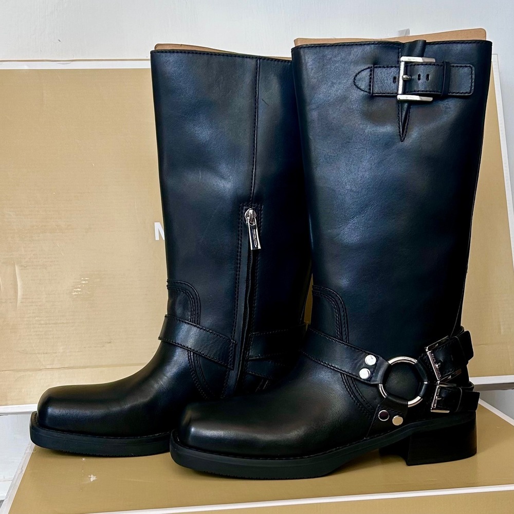 Michael Kors Crosby Moto Boot Black Leather Harness Square Toe 7.5M MSRP $295